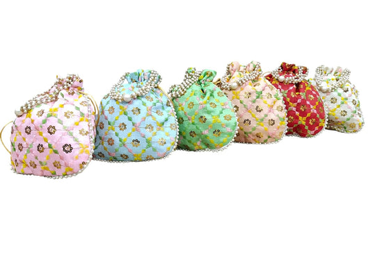 SHOPOBUDDY Multicolor Embroidered Potli Bag Purse Women handbag Shagun Pouch Return Gifts with Sequence Work & Pearl Beading Multicolour