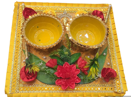 SHOPOBUDDY Wooden Fancy Decortated Haldi Platter Used in Haldi Ceremony of Bride and Groom in Weddings